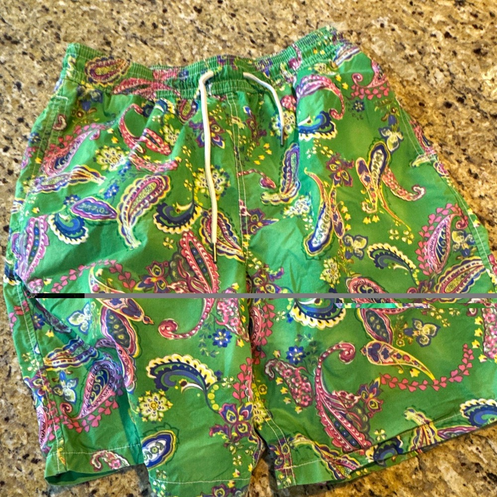 Polo by Ralph Lauren Men's Paisley Swim Shorts L Green Drawstring Mesh Lined